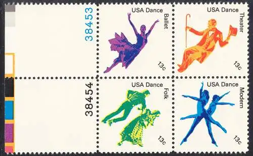 USA Michel 1335-1338 / Scott 1749-1752 postfrisch BLOCK RÄNDER links m/ Platten-# 38453 (a5) - Kultureller Wert des Tanzens