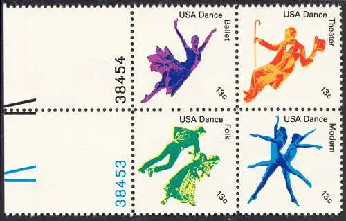 USA Michel 1335-1338 / Scott 1749-1752 postfrisch BLOCK RÄNDER links m/ Platten-# 38454 (a6) - Kultureller Wert des Tanzens