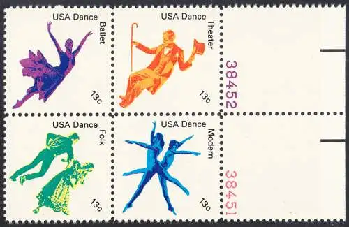 USA Michel 1335-1338 / Scott 1749-1752 postfrisch BLOCK RÄNDER rechts m/ Platten-# 38451 (a1) - Kultureller Wert des Tanzens