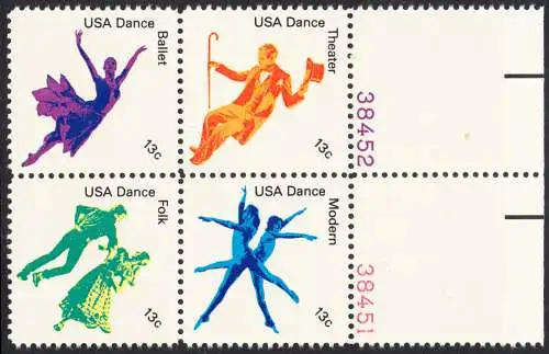 USA Michel 1335-1338 / Scott 1749-1752 postfrisch BLOCK RÄNDER rechts m/ Platten-# 38451 (a2) - Kultureller Wert des Tanzens