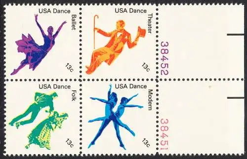 USA Michel 1335-1338 / Scott 1749-1752 postfrisch BLOCK RÄNDER rechts m/ Platten-# 38451 (a3) - Kultureller Wert des Tanzens