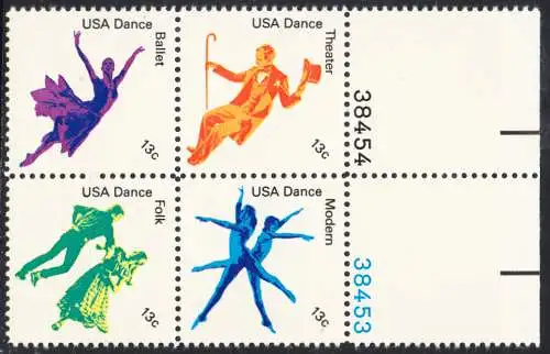 USA Michel 1335-1338 / Scott 1749-1752 postfrisch BLOCK RÄNDER rechts m/ Platten-# 38454 (a4) - Kultureller Wert des Tanzens