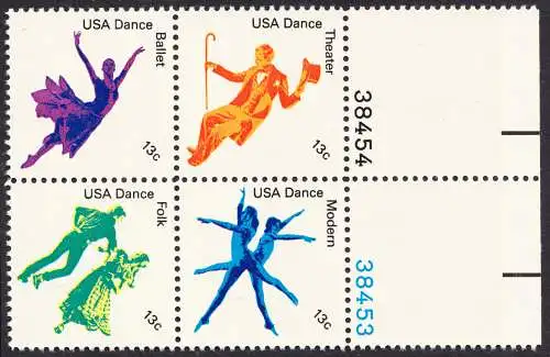 USA Michel 1335-1338 / Scott 1749-1752 postfrisch BLOCK RÄNDER rechts m/ Platten-# 38454 (a5) - Kultureller Wert des Tanzens