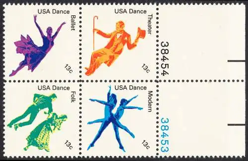 USA Michel 1335-1338 / Scott 1749-1752 postfrisch BLOCK RÄNDER rechts m/ Platten-# 38454 (a6) - Kultureller Wert des Tanzens