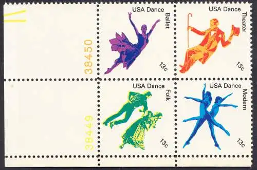 USA Michel 1335-1338 / Scott 1749-1752 postfrisch BLOCK ECKRAND unten links m/ Platten-# 38450 - Kultureller Wert des Tanzens