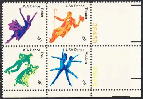 USA Michel 1335-1338 / Scott 1749-1752 postfrisch BLOCK ECKRAND unten rechts m/ Platten-# 38450 (a3) - Kultureller Wert des Tanzens