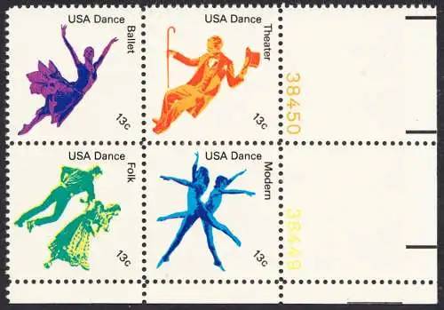 USA Michel 1335-1338 / Scott 1749-1752 postfrisch BLOCK ECKRAND unten rechts m/ Platten-# 38449 (a1) - Kultureller Wert des Tanzens