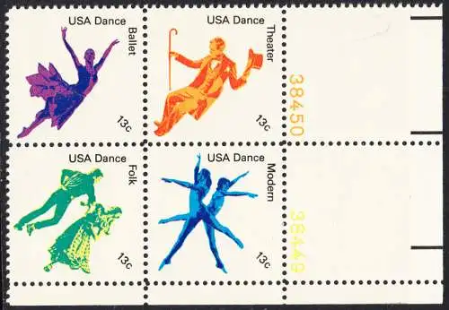 USA Michel 1335-1338 / Scott 1749-1752 postfrisch BLOCK ECKRAND unten rechts m/ Platten-# 38449 (a2) - Kultureller Wert des Tanzens