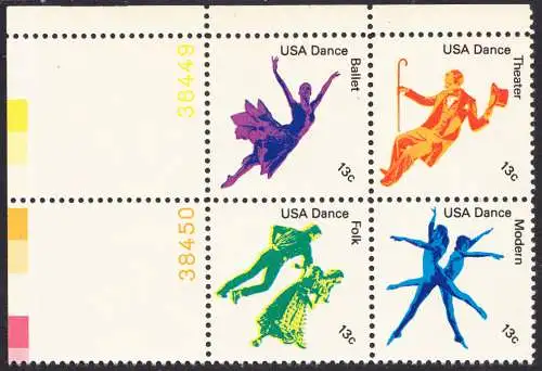 USA Michel 1335-1338 / Scott 1749-1752 postfrisch BLOCK ECKRAND oben links m/ Platten-# 38449 (a1) - Kultureller Wert des Tanzens