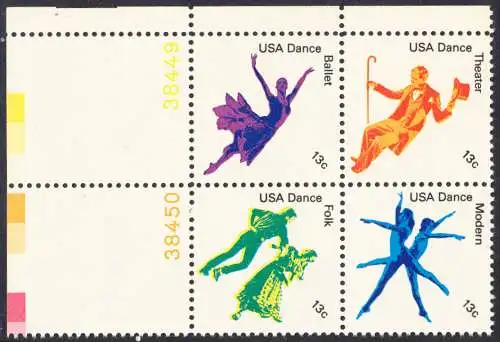 USA Michel 1335-1338 / Scott 1749-1752 postfrisch BLOCK ECKRAND oben links m/ Platten-# 38449 (a2) - Kultureller Wert des Tanzens