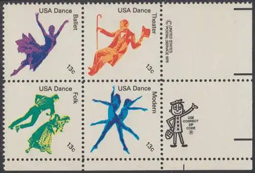 USA Michel 1335-1338 / Scott 1749-1752 postfrisch ZIP-BLOCK (LR / a2) - Kultureller Wert des Tanzens