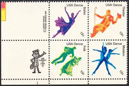 USA Michel 1335-1338 / Scott 1749-1752 postfrisch ZIP-BLOCK (LL / a1) - Kultureller Wert des Tanzens