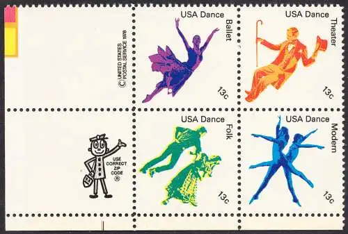 USA Michel 1335-1338 / Scott 1749-1752 postfrisch ZIP-BLOCK (LL / a2) - Kultureller Wert des Tanzens