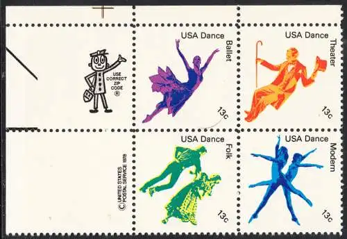 USA Michel 1335-1338 / Scott 1749-1752 postfrisch ZIP-BLOCK (UL) - Kultureller Wert des Tanzens