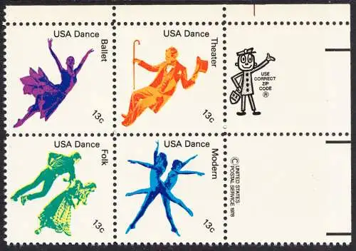 USA Michel 1335-1338 / Scott 1749-1752 postfrisch ZIP-BLOCK (UR / a3) - Kultureller Wert des Tanzens