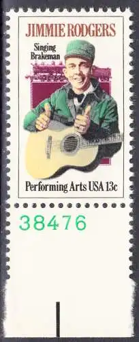 USA Michel 1342 / Scott 1755 postfrisch EINZELMARKE RAND unten m/ Platten-# 38476 - Jimmie Rodgers, der „Singende Bremser“, Vater der Country-Musik