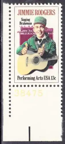 USA Michel 1342 / Scott 1755 postfrisch EINZELMARKE ECKRAND unten links m/ Platten-# 38475 - Jimmie Rodgers, der „Singende Bremser“, Vater der Country-Musik