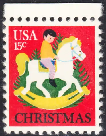 USA Michel 1369 / Scott 1769 postfrisch EINZELMARKE RAND oben - Weihnachten: Kind auf Schaukelpferd, Christbäume