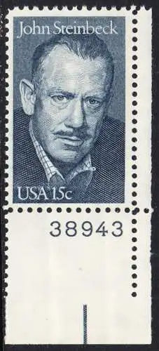 USA Michel 1374 / Scott 1773 postfrisch EINZELMARKE ECKRAND unten rechts m/ Platten-# 38943 - John Steinbeck (1902-1968), Romanschriftsteller