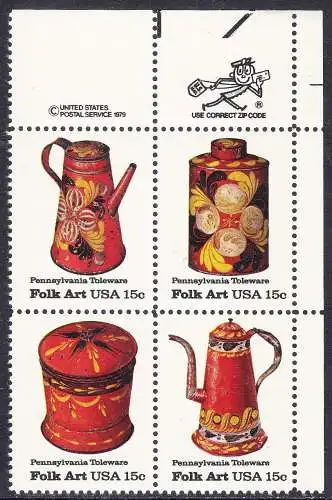 USA Michel 1378-1381 / Scott 1775-1778 postfrisch ZIP-BLOCK (UR) - Amerikanische Volkskunst: Blechgeschirr aus Pennsylvania