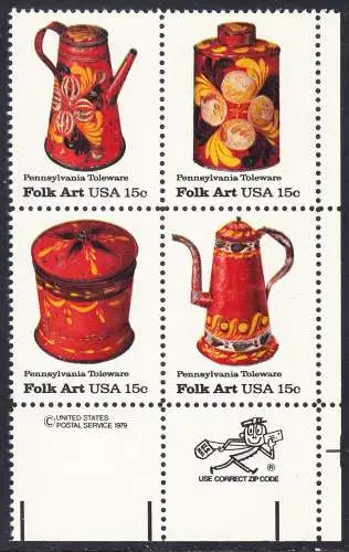 USA Michel 1378-1381 / Scott 1775-1778 postfrisch ZIP-BLOCK (LR) - Amerikanische Volkskunst: Blechgeschirr aus Pennsylvania
