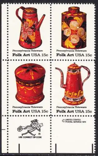 USA Michel 1378-1381 / Scott 1775-1778 postfrisch ZIP-BLOCK (LL) - Amerikanische Volkskunst: Blechgeschirr aus Pennsylvania