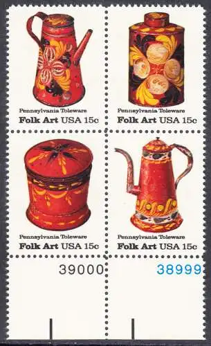 USA Michel 1378-1381 / Scott 1775-1778 postfrisch BLOCK RÄNDER unten m/ Platten-# 38999 (a1) - Amerikanische Volkskunst: Blechgeschirr aus Pennsylvania