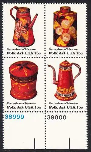 USA Michel 1378-1381 / Scott 1775-1778 postfrisch BLOCK RÄNDER unten m/ Platten-# 39000 (a2) - Amerikanische Volkskunst: Blechgeschirr aus Pennsylvania
