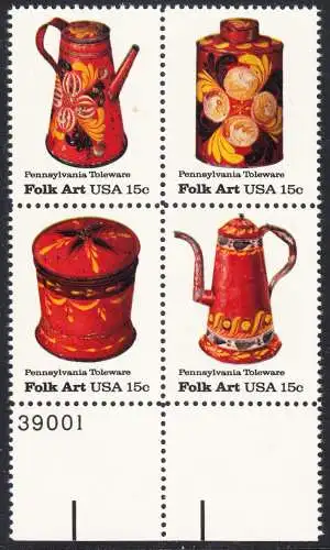 USA Michel 1378-1381 / Scott 1775-1778 postfrisch BLOCK RÄNDER unten m/ Platten-# 39001 (a3) - Amerikanische Volkskunst: Blechgeschirr aus Pennsylvania