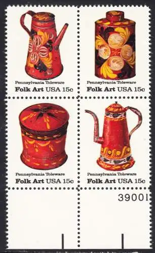 USA Michel 1378-1381 / Scott 1775-1778 postfrisch BLOCK RÄNDER unten m/ Platten-# 39001 (a4) - Amerikanische Volkskunst: Blechgeschirr aus Pennsylvania