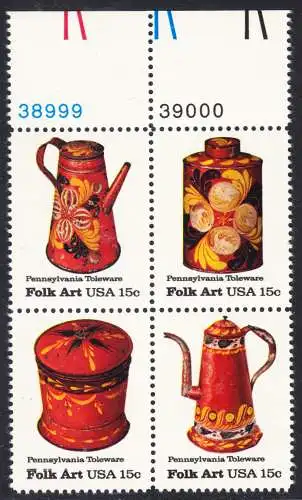 USA Michel 1378-1381 / Scott 1775-1778 postfrisch BLOCK RÄNDER oben m/ Platten-# 39000 (a1) - Amerikanische Volkskunst: Blechgeschirr aus Pennsylvania