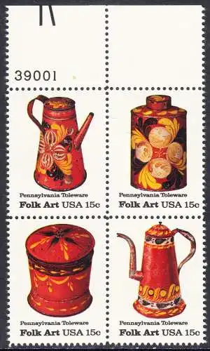USA Michel 1378-1381 / Scott 1775-1778 postfrisch BLOCK RÄNDER oben m/ Platten-# 39001 (a2) - Amerikanische Volkskunst: Blechgeschirr aus Pennsylvania