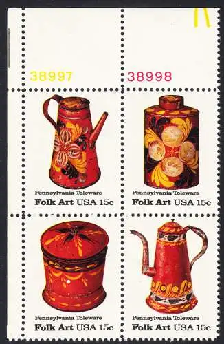 USA Michel 1378-1381 / Scott 1775-1778 postfrisch BLOCK ECKRAND oben links m/ Platten-# 38998 - Amerikanische Volkskunst: Blechgeschirr aus Pennsylvania
