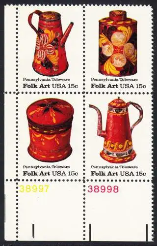 USA Michel 1378-1381 / Scott 1775-1778 postfrisch BLOCK ECKRAND unten links m/ Platten-# 38997 - Amerikanische Volkskunst: Blechgeschirr aus Pennsylvania