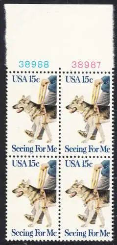 USA Michel 1390 / Scott 1787 postfrisch BLOCK RÄNDER oben m/ Platten-# 38987 - Blindenhunde in Amerika