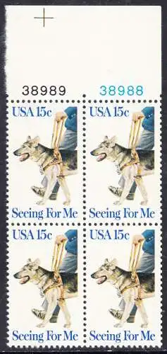 USA Michel 1390 / Scott 1787 postfrisch BLOCK RÄNDER oben m/ Platten-# 38988 (links ungezähnt) - Blindenhunde in Amerika