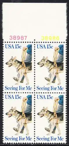 USA Michel 1390 / Scott 1787 postfrisch BLOCK RÄNDER oben m/ Platten-# 38988 (a2) - Blindenhunde in Amerika
