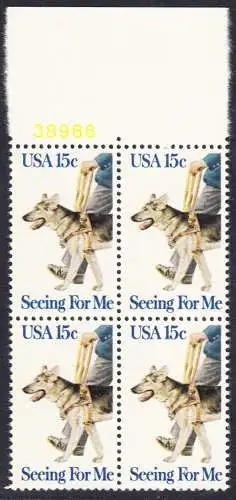 USA Michel 1390 / Scott 1787 postfrisch BLOCK RÄNDER oben m/ Platten-# 38988 (a3) - Blindenhunde in Amerika