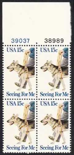 USA Michel 1390 / Scott 1787 postfrisch BLOCK RÄNDER oben m/ Platten-# 38989 (a1) - Blindenhunde in Amerika