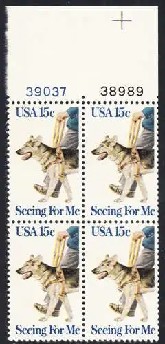 USA Michel 1390 / Scott 1787 postfrisch BLOCK RÄNDER oben m/ Platten-# 38989 (a2) - Blindenhunde in Amerika