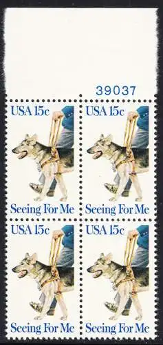USA Michel 1390 / Scott 1787 postfrisch BLOCK RÄNDER oben m/ Platten-# 39037 - Blindenhunde in Amerika