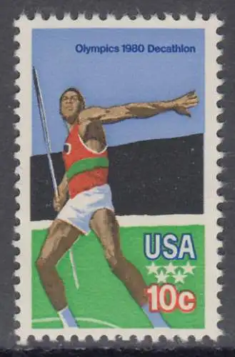 USA Michel 1395 / Scott 1790 postfrisch EINZELMARKE (a2) - Olympische Sommerspiele 1980, Moskau: Zehnkampf, Speerwurf