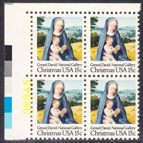 USA Michel 1402 / Scott 1799 postfrisch BLOCK ECKRAND oben links m/ Platten-# 38944 - Weihnachten: Madonna mit Kind