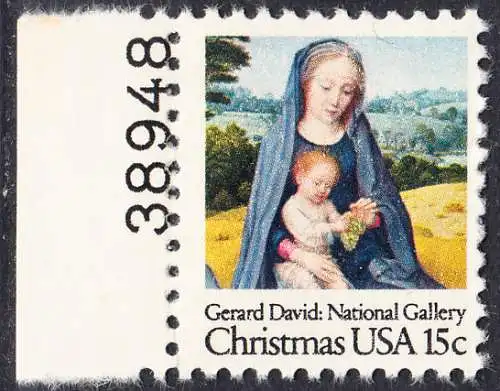 USA Michel 1402 / Scott 1799 postfrisch EINZELMARKE RAND links m/ Platten-# 38948 - Weihnachten: Madonna mit Kind