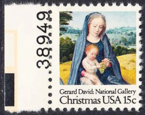 USA Michel 1402 / Scott 1799 postfrisch EINZELMARKE RAND links m/ Platten-# 38949 - Weihnachten: Madonna mit Kind