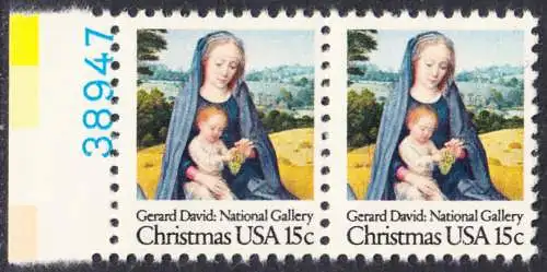 USA Michel 1402 / Scott 1799 postfrisch horiz.PAAR RAND links m/ Platten-# 38946 - Weihnachten: Madonna mit Kind