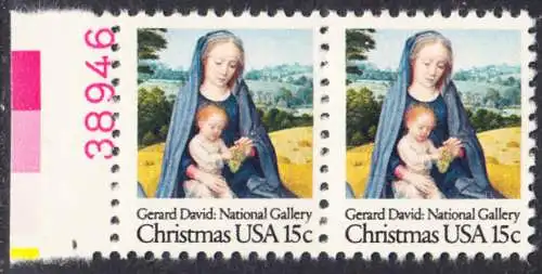 USA Michel 1402 / Scott 1799 postfrisch horiz.PAAR RAND links m/ Platten-# 38947 - Weihnachten: Madonna mit Kind