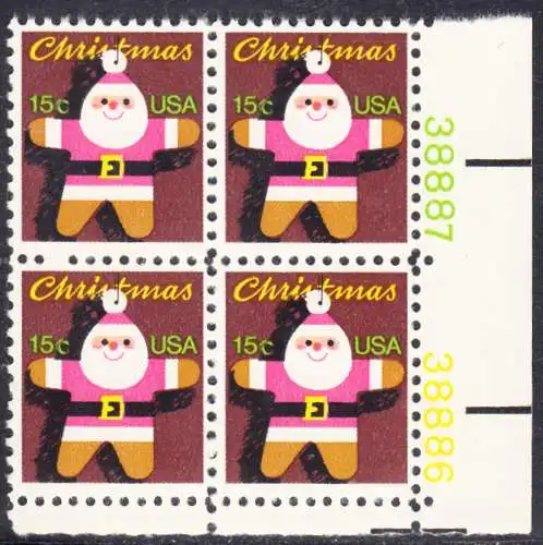 USA Michel 1403 / Scott 1800 postfrisch BLOCK ECKRAND unten rechts m/ Platten-# 38888 - Weihnachten: Santa Claus 