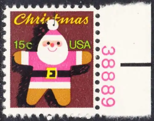 USA Michel 1403 / Scott 1800 postfrisch EINZELMARKE RAND rechts m/ Platten-# 38889 - Weihnachten: Santa Claus 