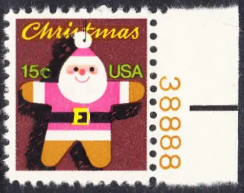 USA Michel 1403 / Scott 1800 postfrisch EINZELMARKE RAND rechts m/ Platten-# 38888 - Weihnachten: Santa Claus 